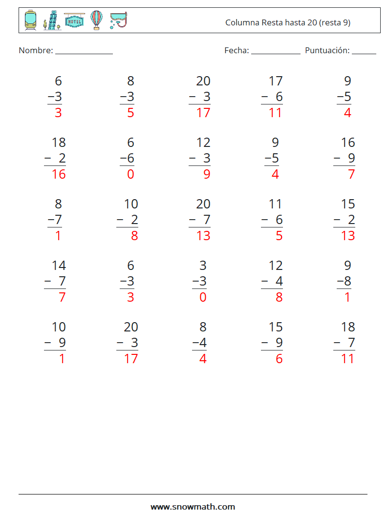 (25) Columna Resta hasta 20 (resta 9) Hojas de trabajo de matemáticas 8 Pregunta, respuesta