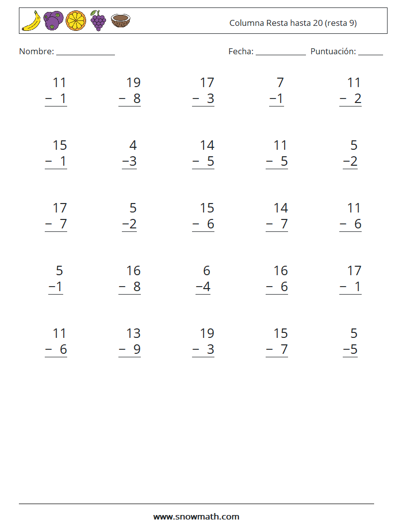 (25) Columna Resta hasta 20 (resta 9) Hojas de trabajo de matemáticas 9