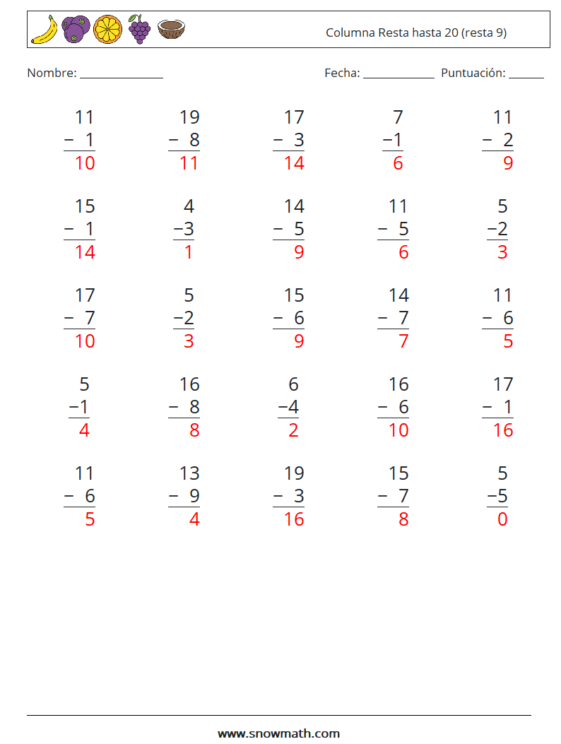 (25) Columna Resta hasta 20 (resta 9) Hojas de trabajo de matemáticas 9 Pregunta, respuesta