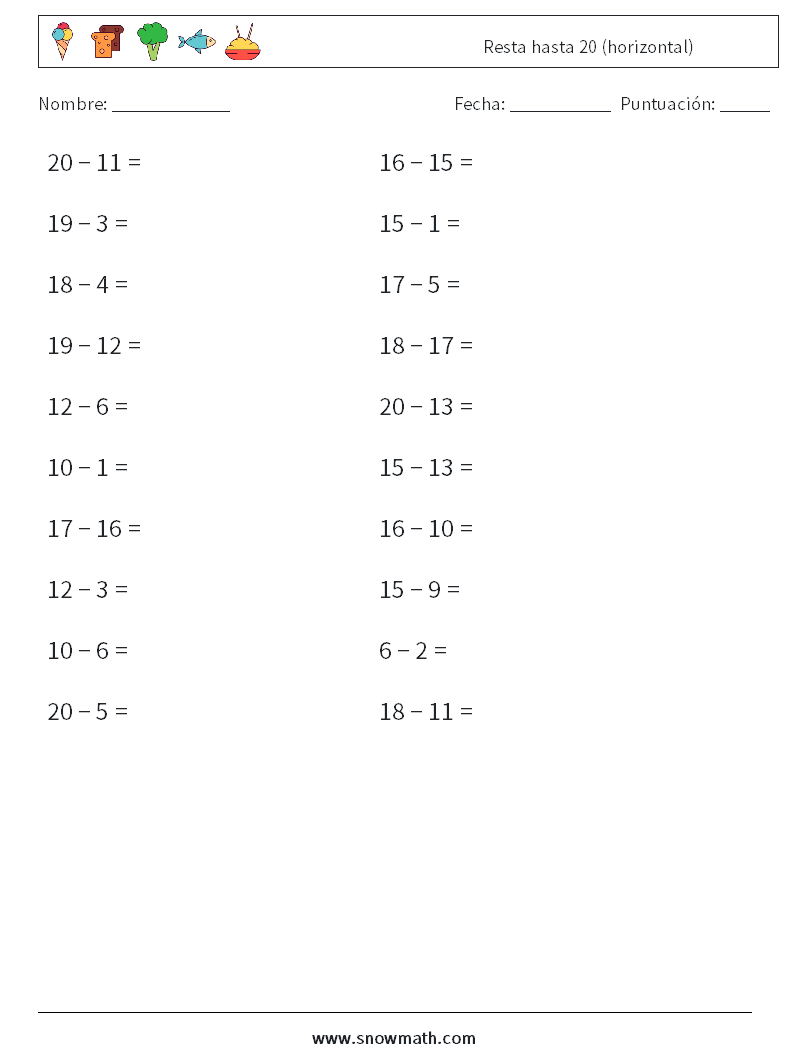 (20) Resta hasta 20 (horizontal) Hojas de trabajo de matemáticas 1