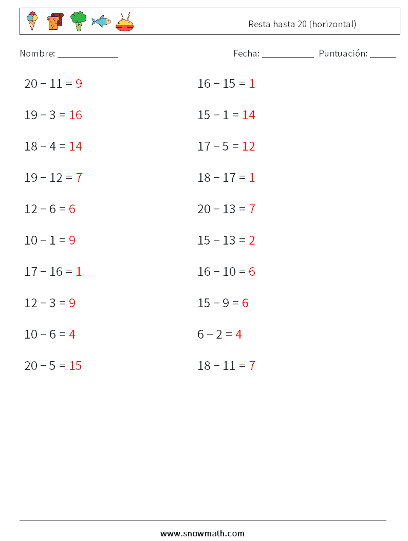 (20) Resta hasta 20 (horizontal) Hojas de trabajo de matemáticas 1 Pregunta, respuesta