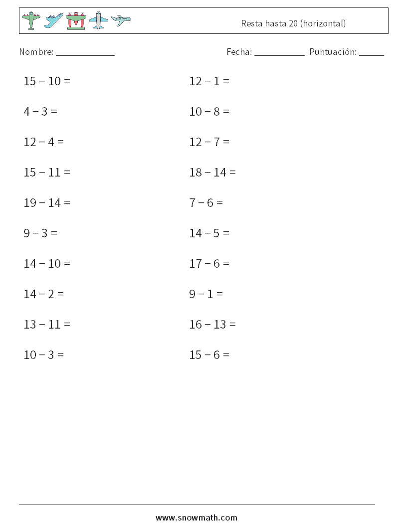 (20) Resta hasta 20 (horizontal) Hojas de trabajo de matemáticas 2