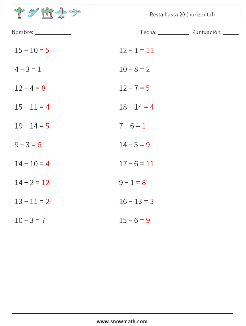 (20) Resta hasta 20 (horizontal) Hojas de trabajo de matemáticas 2 Pregunta, respuesta