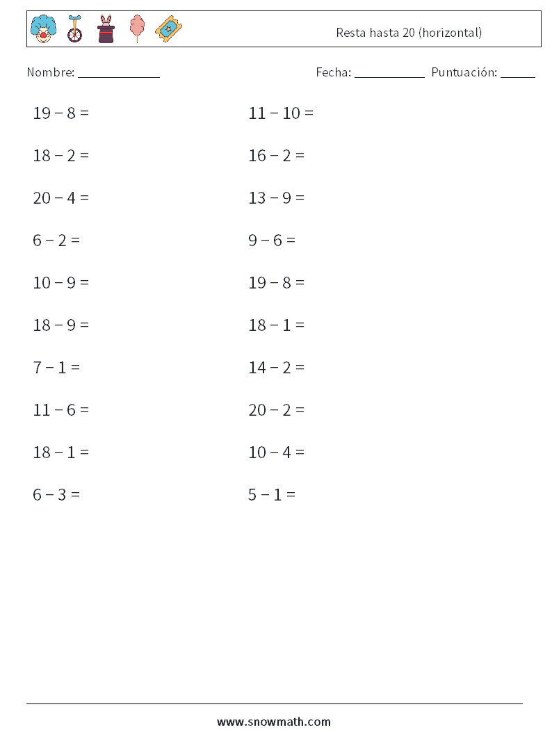 (20) Resta hasta 20 (horizontal) Hojas de trabajo de matemáticas 3