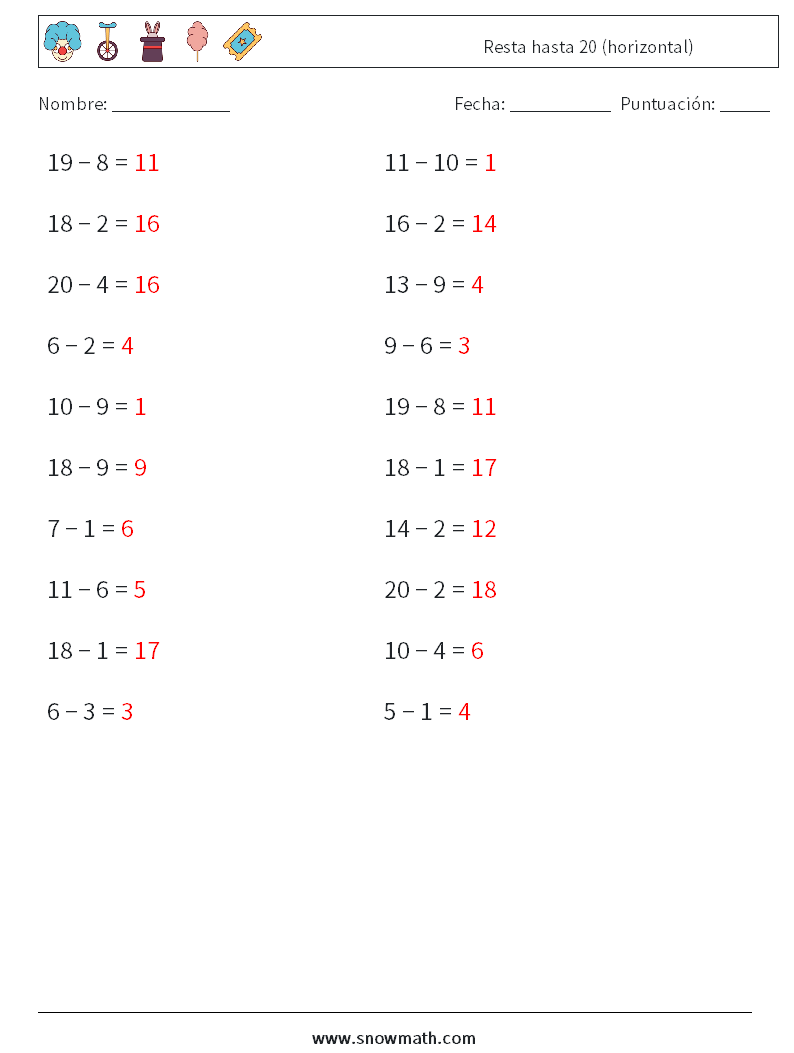 (20) Resta hasta 20 (horizontal) Hojas de trabajo de matemáticas 3 Pregunta, respuesta