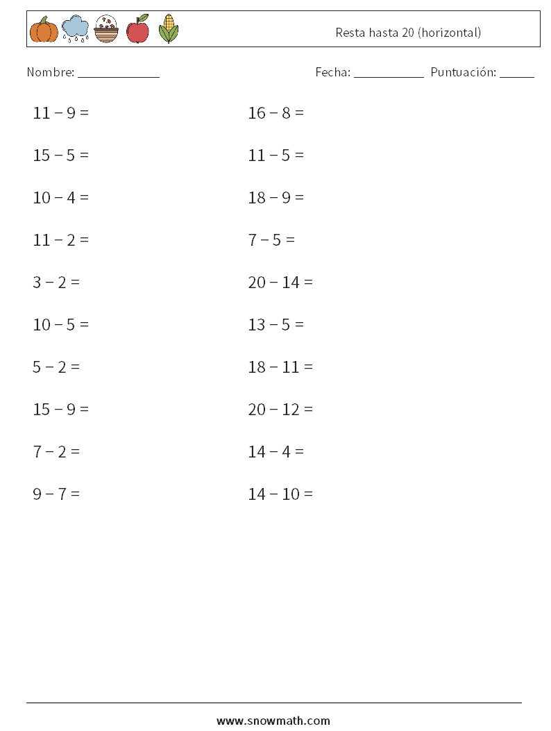 (20) Resta hasta 20 (horizontal) Hojas de trabajo de matemáticas 4