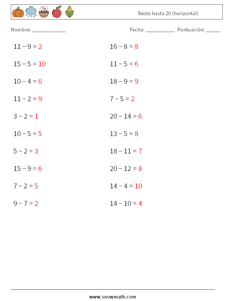 (20) Resta hasta 20 (horizontal) Hojas de trabajo de matemáticas 4 Pregunta, respuesta
