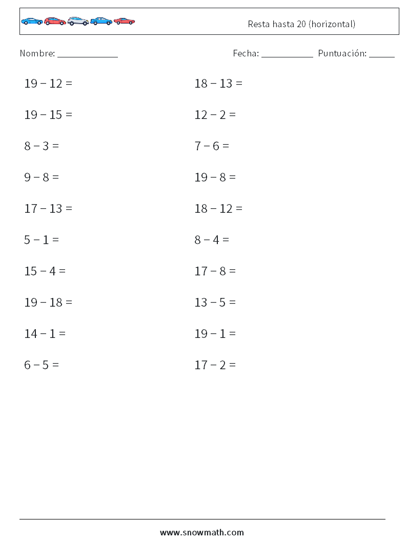 (20) Resta hasta 20 (horizontal) Hojas de trabajo de matemáticas 5