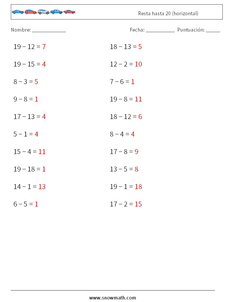 (20) Resta hasta 20 (horizontal) Hojas de trabajo de matemáticas 5 Pregunta, respuesta