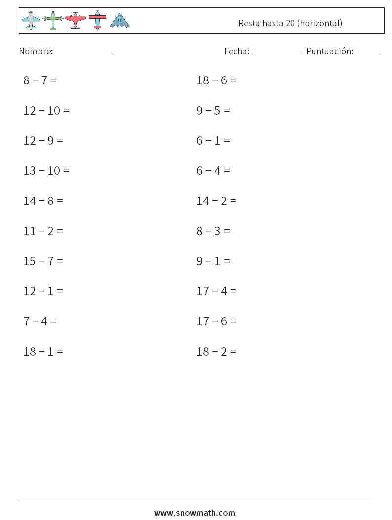 (20) Resta hasta 20 (horizontal) Hojas de trabajo de matemáticas 6