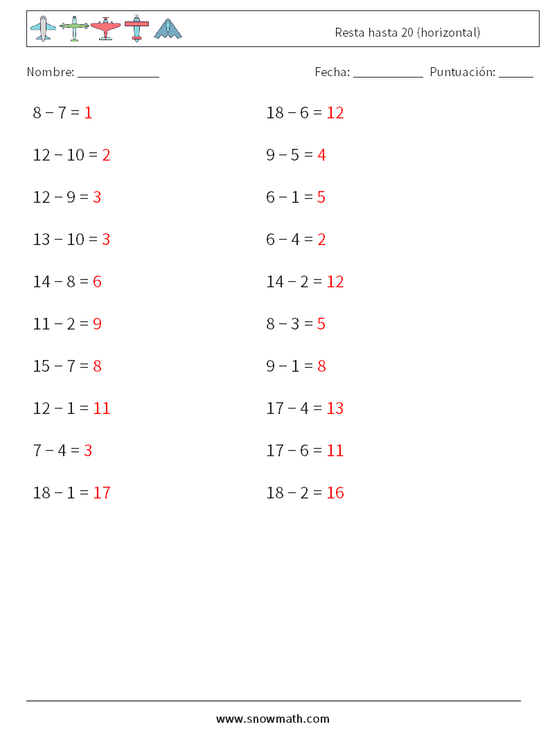 (20) Resta hasta 20 (horizontal) Hojas de trabajo de matemáticas 6 Pregunta, respuesta