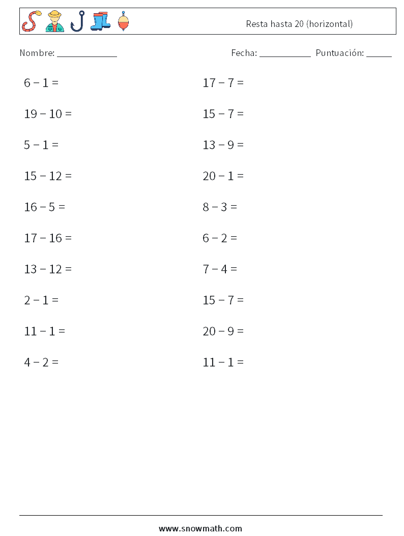 (20) Resta hasta 20 (horizontal) Hojas de trabajo de matemáticas 7