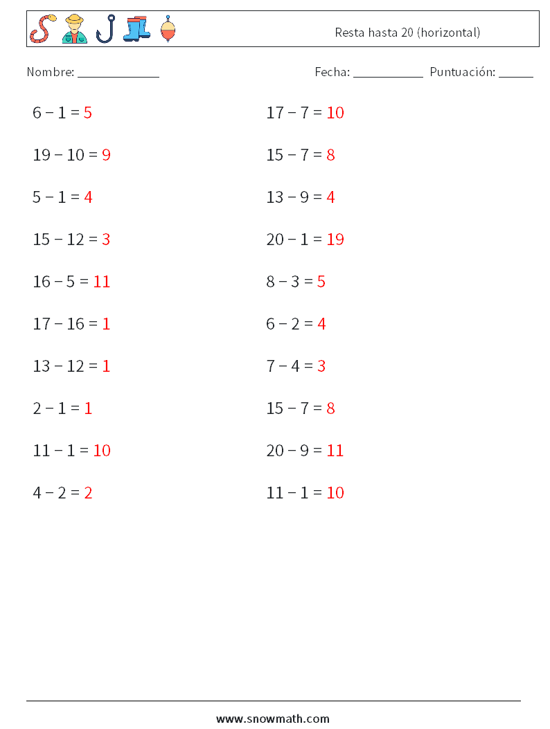 (20) Resta hasta 20 (horizontal) Hojas de trabajo de matemáticas 7 Pregunta, respuesta