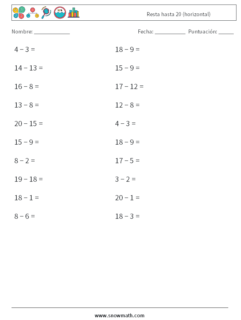 (20) Resta hasta 20 (horizontal) Hojas de trabajo de matemáticas 8