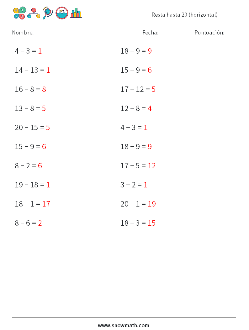 (20) Resta hasta 20 (horizontal) Hojas de trabajo de matemáticas 8 Pregunta, respuesta