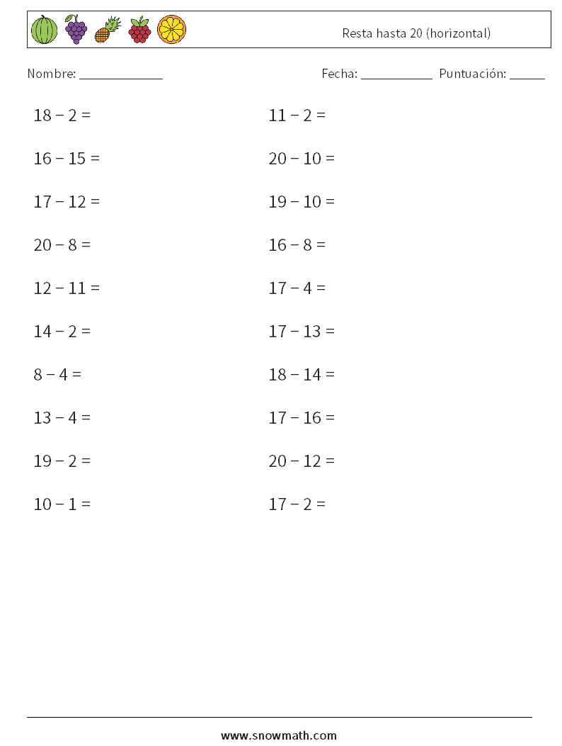 (20) Resta hasta 20 (horizontal) Hojas de trabajo de matemáticas 9