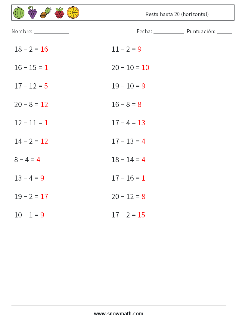 (20) Resta hasta 20 (horizontal) Hojas de trabajo de matemáticas 9 Pregunta, respuesta