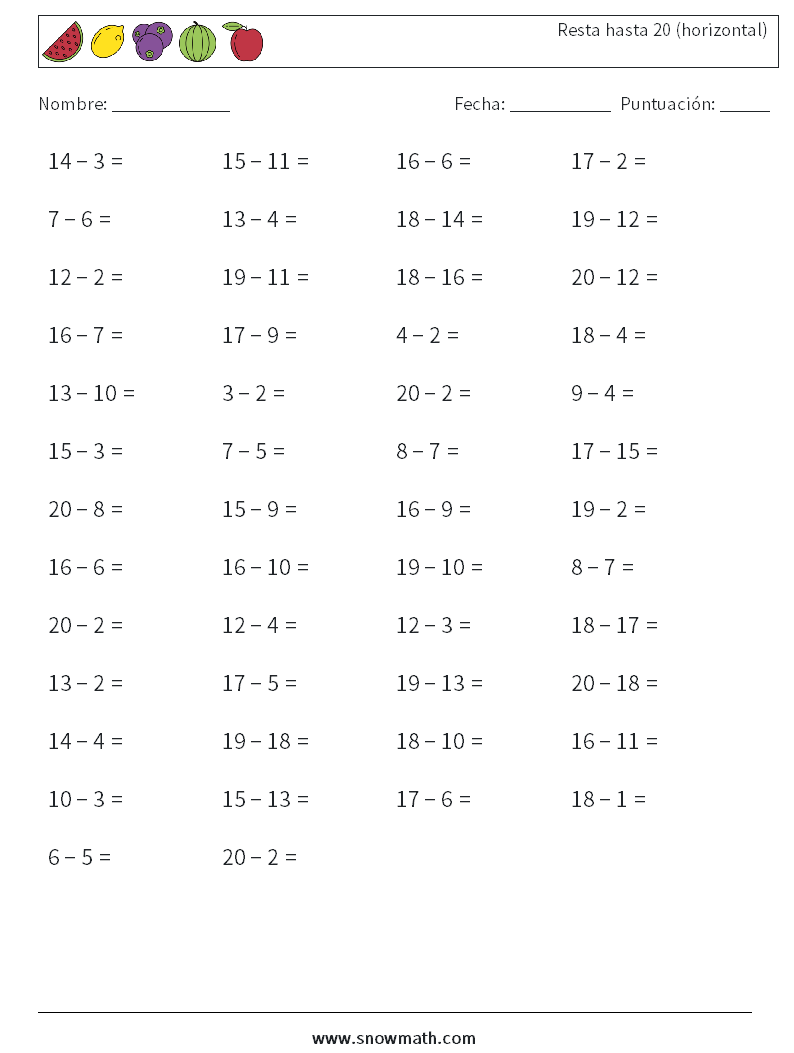 (50) Resta hasta 20 (horizontal) Hojas de trabajo de matemáticas 1