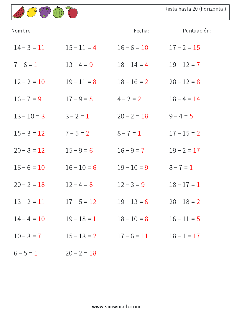 (50) Resta hasta 20 (horizontal) Hojas de trabajo de matemáticas 1 Pregunta, respuesta