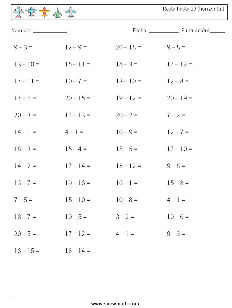(50) Resta hasta 20 (horizontal) Hojas de trabajo de matemáticas 2