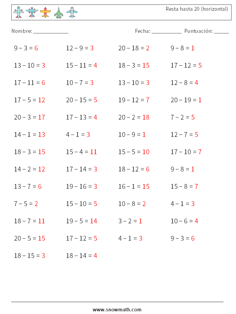 (50) Resta hasta 20 (horizontal) Hojas de trabajo de matemáticas 2 Pregunta, respuesta