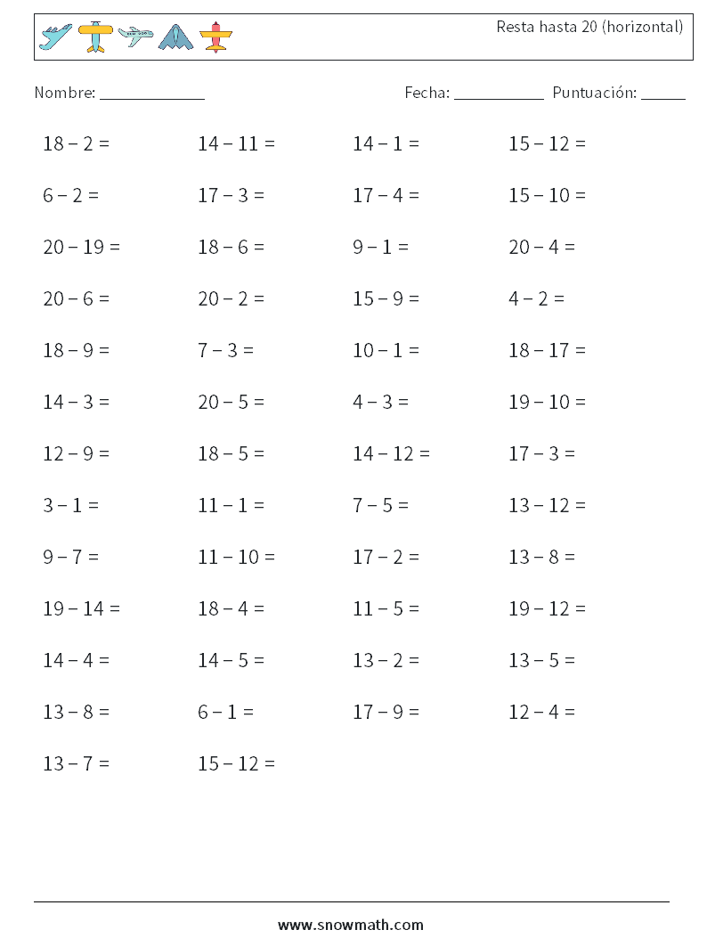 (50) Resta hasta 20 (horizontal) Hojas de trabajo de matemáticas 3