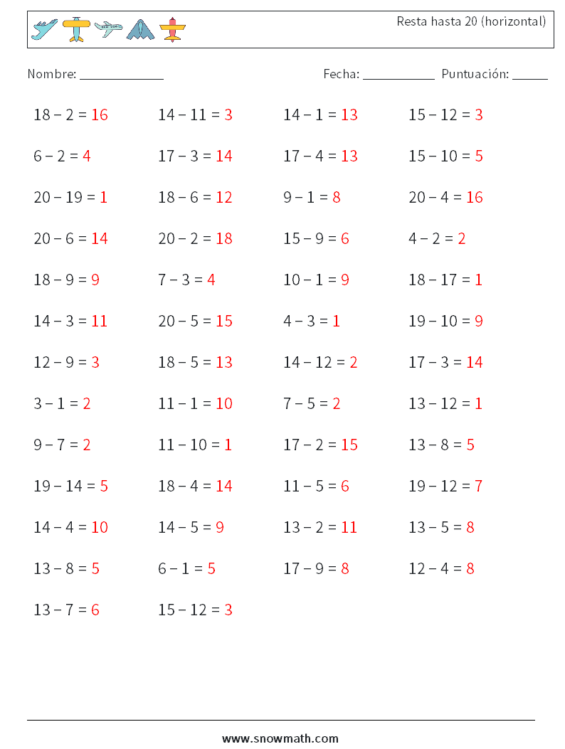 (50) Resta hasta 20 (horizontal) Hojas de trabajo de matemáticas 3 Pregunta, respuesta