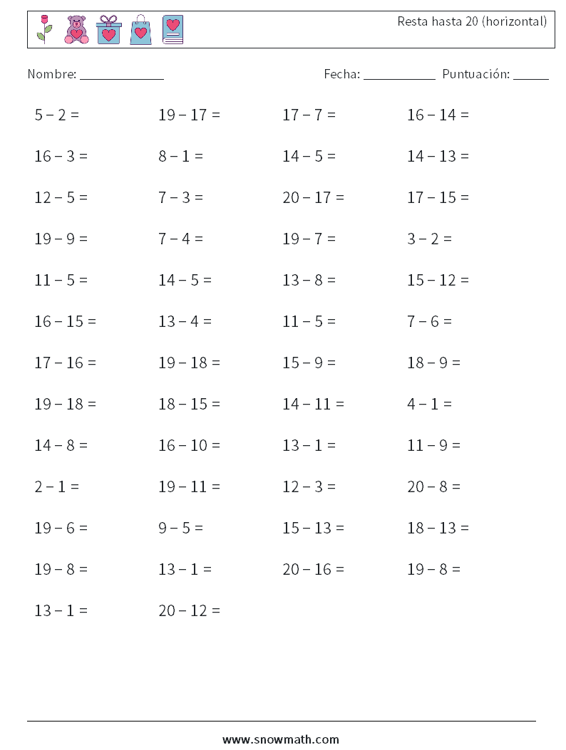 (50) Resta hasta 20 (horizontal) Hojas de trabajo de matemáticas 4