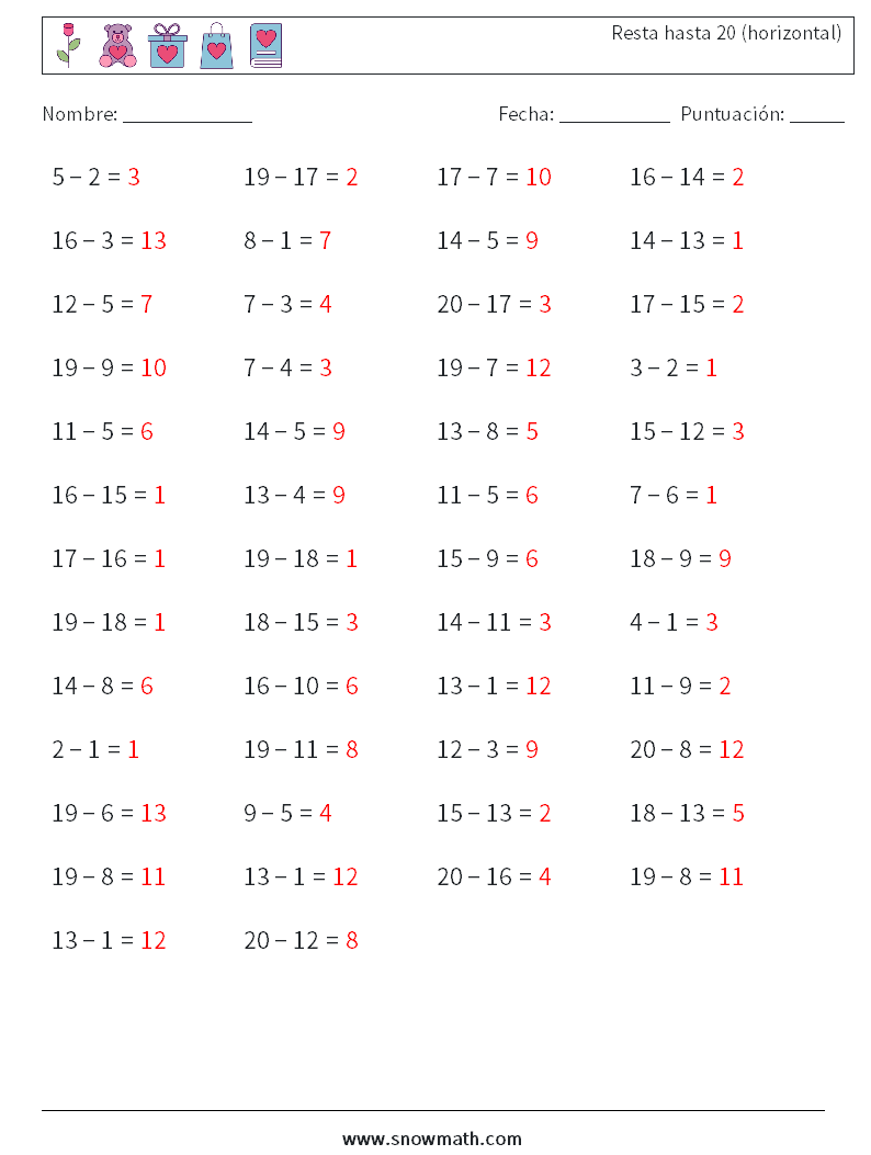 (50) Resta hasta 20 (horizontal) Hojas de trabajo de matemáticas 4 Pregunta, respuesta