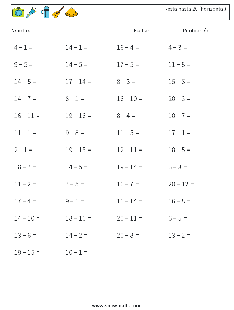 (50) Resta hasta 20 (horizontal) Hojas de trabajo de matemáticas 5