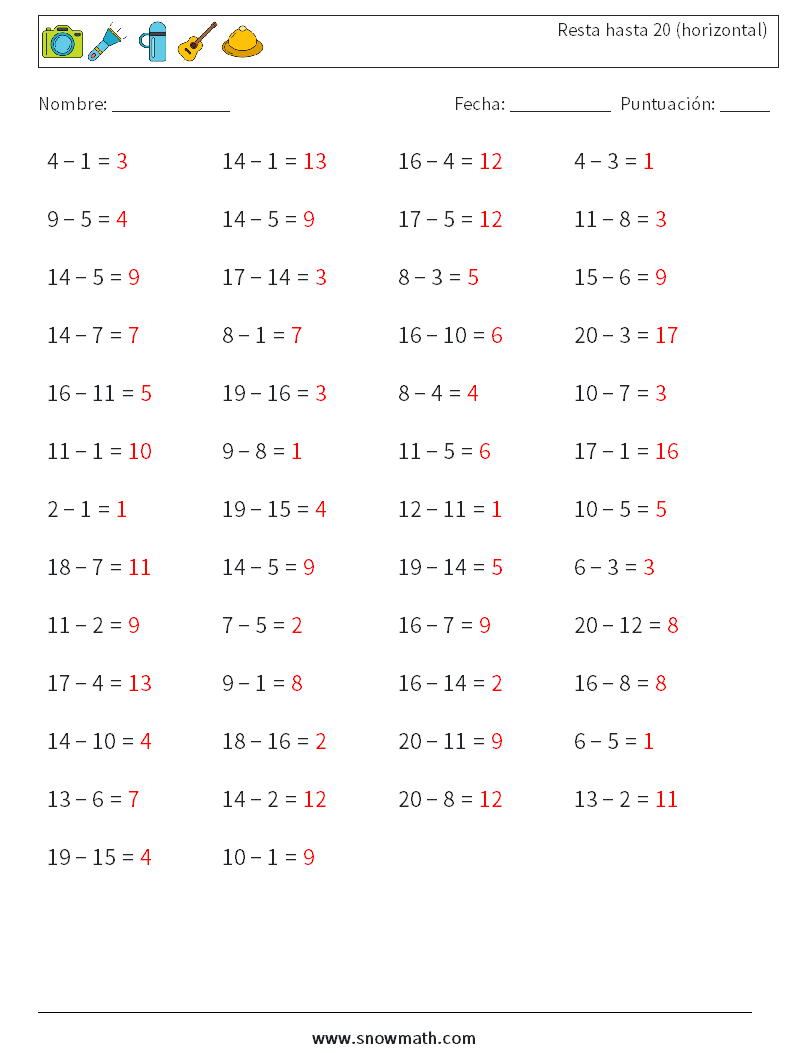 (50) Resta hasta 20 (horizontal) Hojas de trabajo de matemáticas 5 Pregunta, respuesta