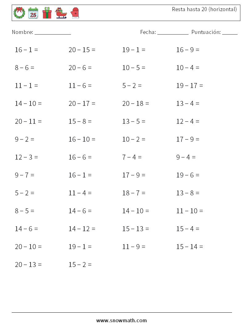 (50) Resta hasta 20 (horizontal) Hojas de trabajo de matemáticas 6