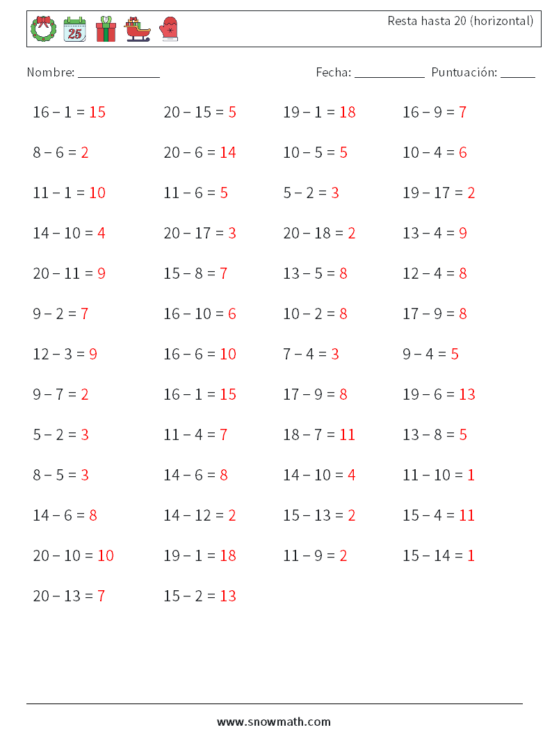 (50) Resta hasta 20 (horizontal) Hojas de trabajo de matemáticas 6 Pregunta, respuesta