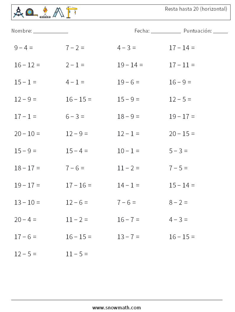 (50) Resta hasta 20 (horizontal) Hojas de trabajo de matemáticas 7
