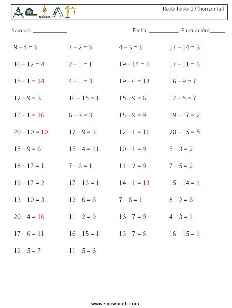 (50) Resta hasta 20 (horizontal) Hojas de trabajo de matemáticas 7 Pregunta, respuesta