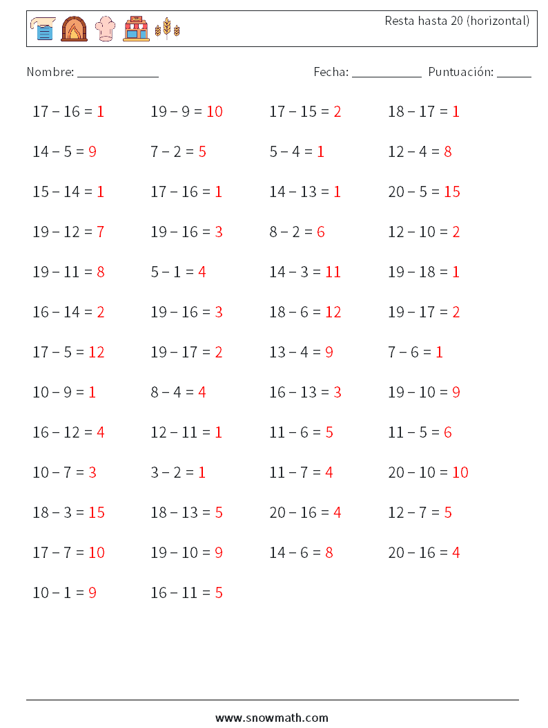 (50) Resta hasta 20 (horizontal) Hojas de trabajo de matemáticas 8 Pregunta, respuesta