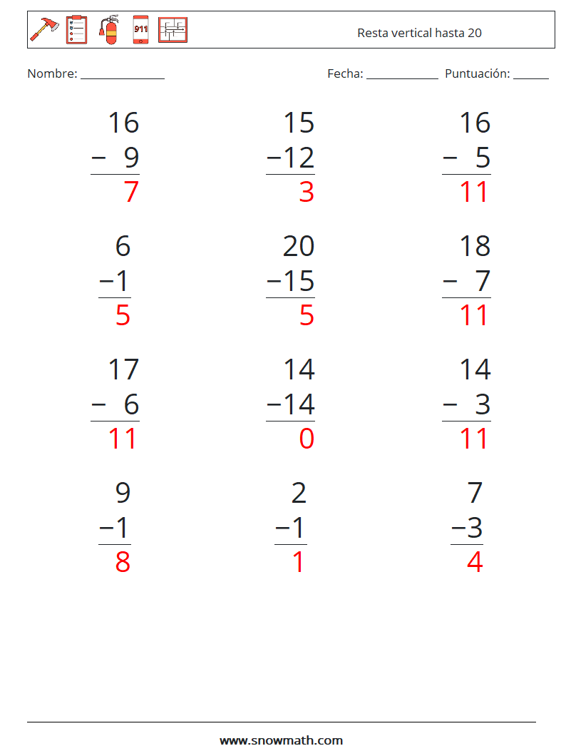 (12) Resta vertical hasta 20 Hojas de trabajo de matemáticas 10 Pregunta, respuesta