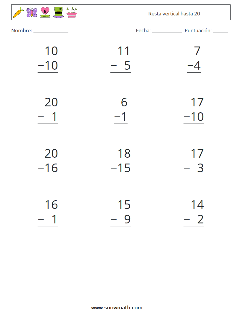 (12) Resta vertical hasta 20 Hojas de trabajo de matemáticas 11