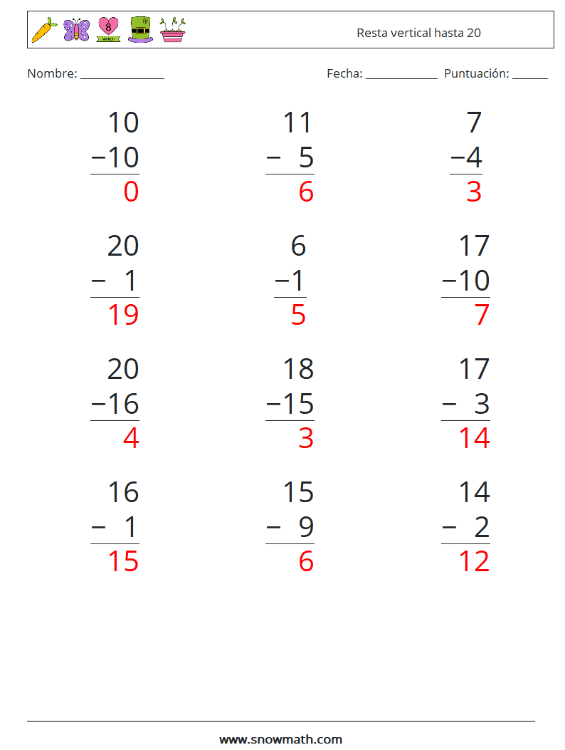 (12) Resta vertical hasta 20 Hojas de trabajo de matemáticas 11 Pregunta, respuesta