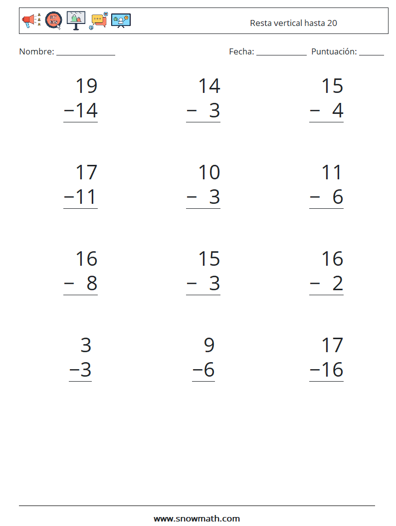 (12) Resta vertical hasta 20 Hojas de trabajo de matemáticas 12