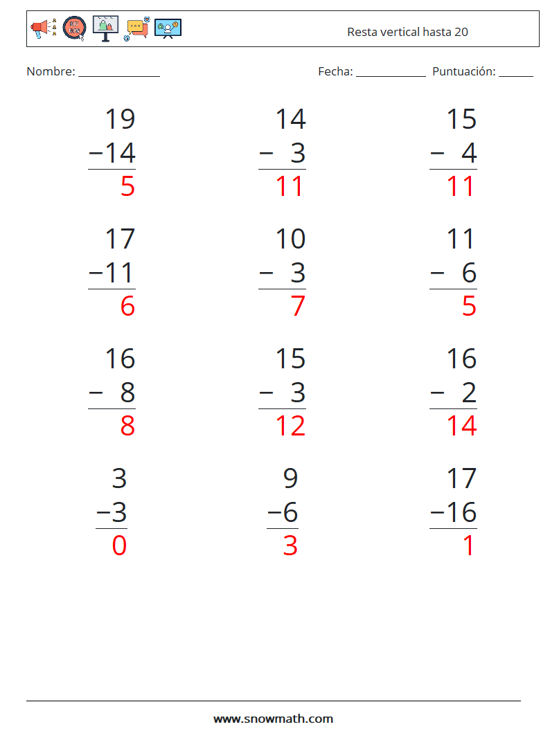 (12) Resta vertical hasta 20 Hojas de trabajo de matemáticas 12 Pregunta, respuesta