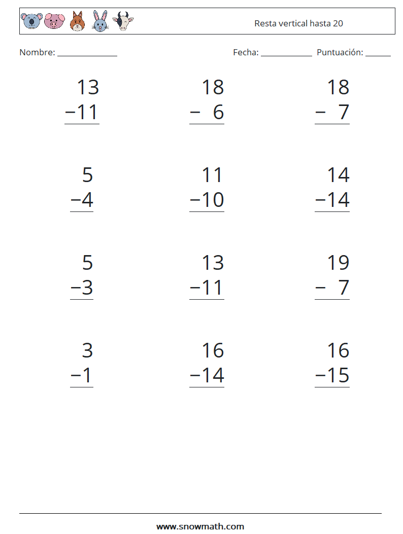 (12) Resta vertical hasta 20 Hojas de trabajo de matemáticas 13