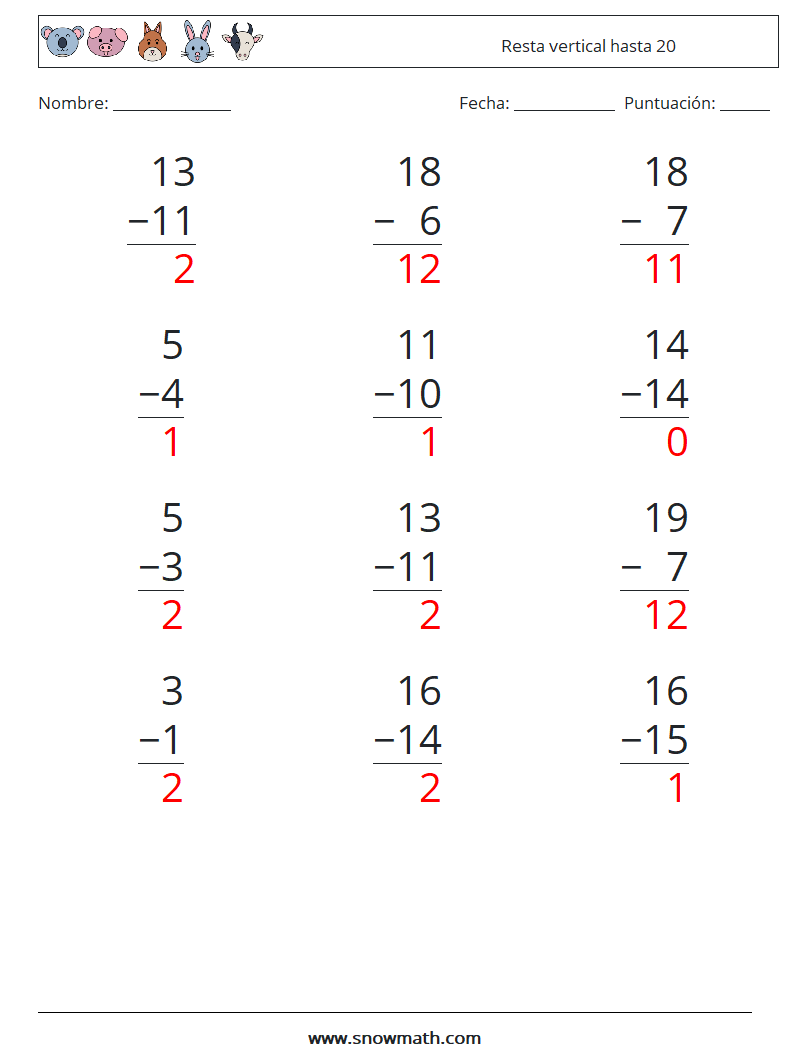 (12) Resta vertical hasta 20 Hojas de trabajo de matemáticas 13 Pregunta, respuesta