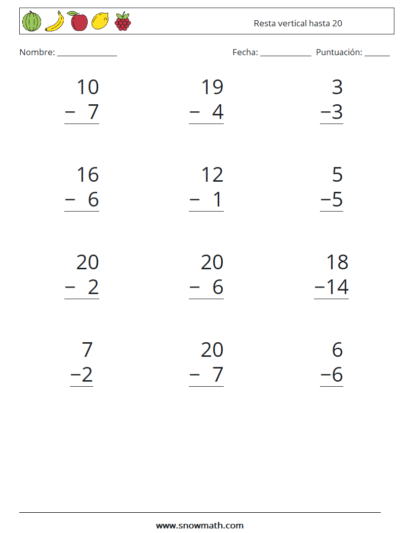 (12) Resta vertical hasta 20 Hojas de trabajo de matemáticas 14