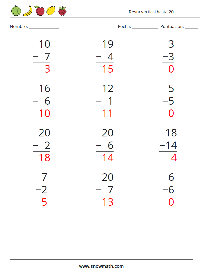 (12) Resta vertical hasta 20 Hojas de trabajo de matemáticas 14 Pregunta, respuesta