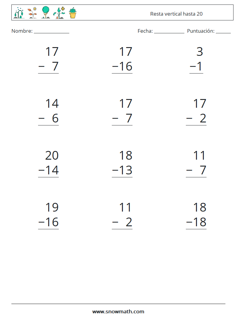 (12) Resta vertical hasta 20 Hojas de trabajo de matemáticas 15