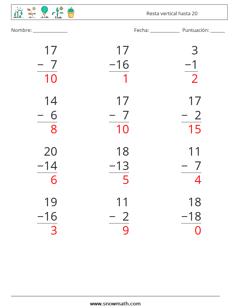 (12) Resta vertical hasta 20 Hojas de trabajo de matemáticas 15 Pregunta, respuesta