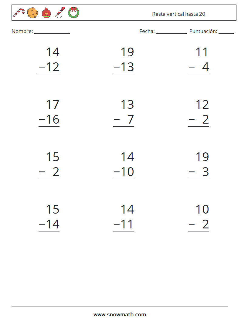 (12) Resta vertical hasta 20 Hojas de trabajo de matemáticas 16