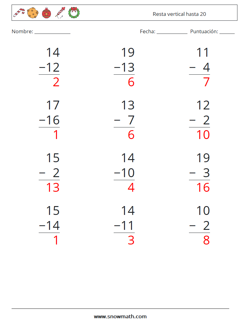 (12) Resta vertical hasta 20 Hojas de trabajo de matemáticas 16 Pregunta, respuesta