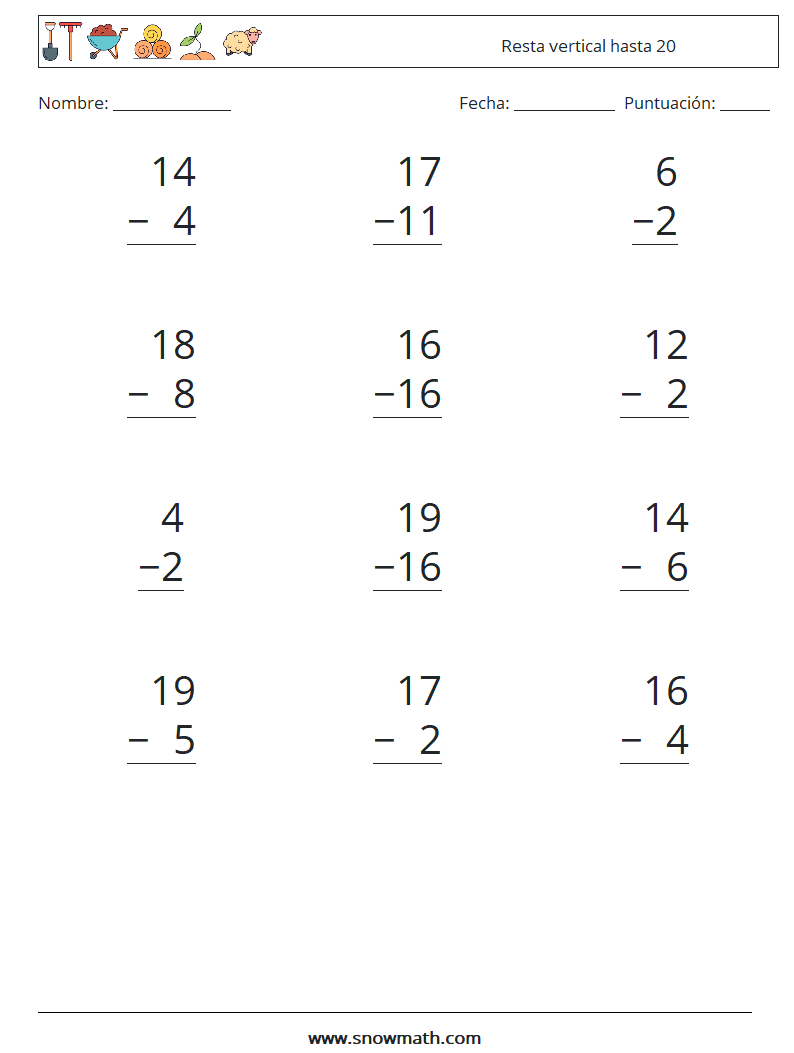 (12) Resta vertical hasta 20 Hojas de trabajo de matemáticas 17